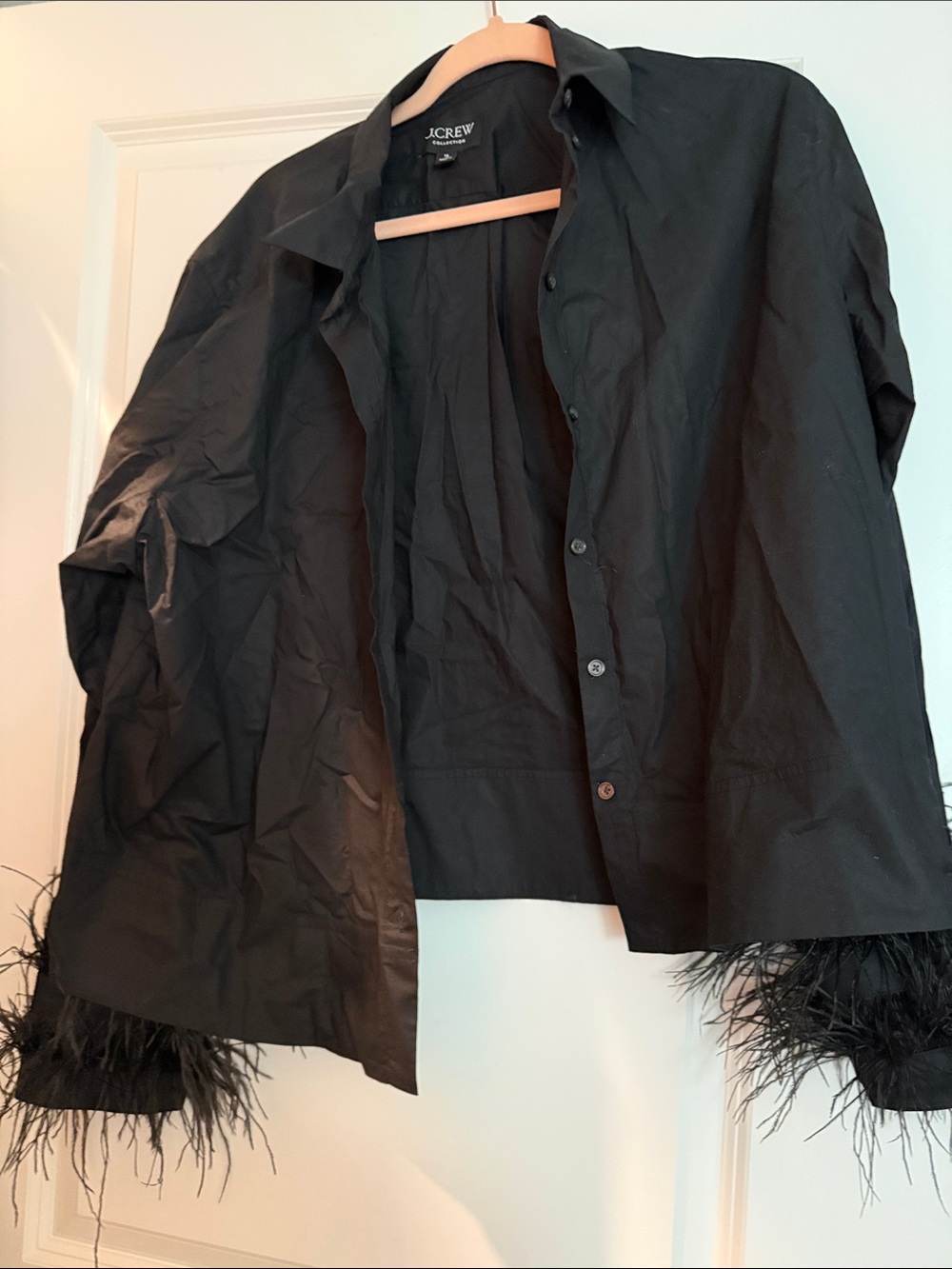 J. Crew Black Button-Up Jacket with Feather Trim Cuffs